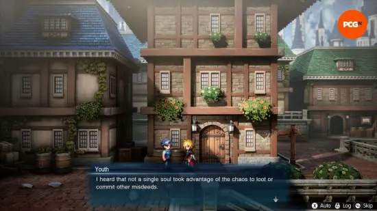 FF Resonance: a medieval fantasy like town with brick buildings and colorful flowers.