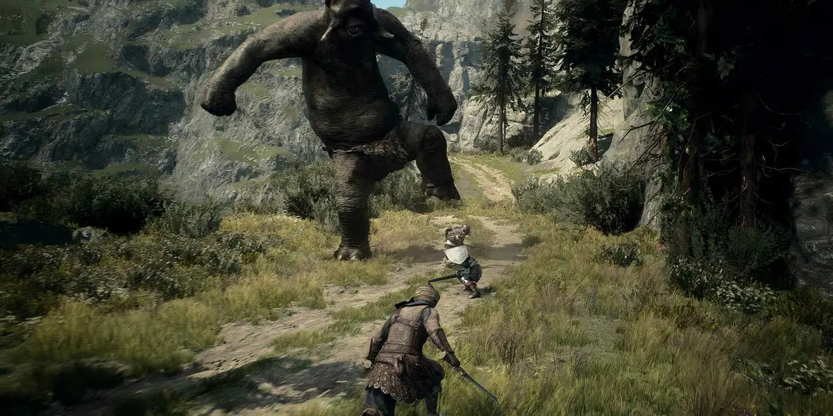 A player and a Pawn fight a Cyclops in Dragon's Dogma 2.