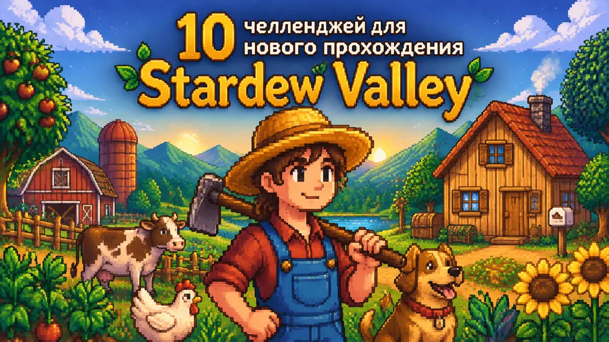 Фермер на фоне уютной фермы в пиксельном стиле Stardew Valley