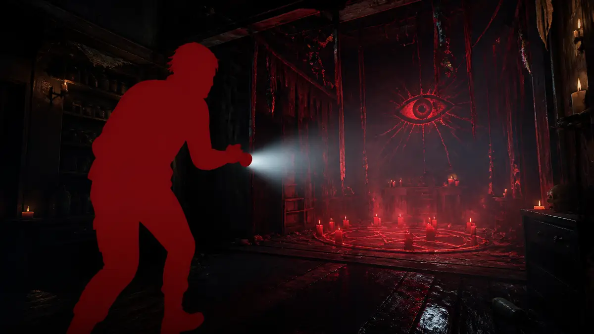 Персонаж Phasmophobia с фонариком исследует темную комнату во время ивента Crimson Eye