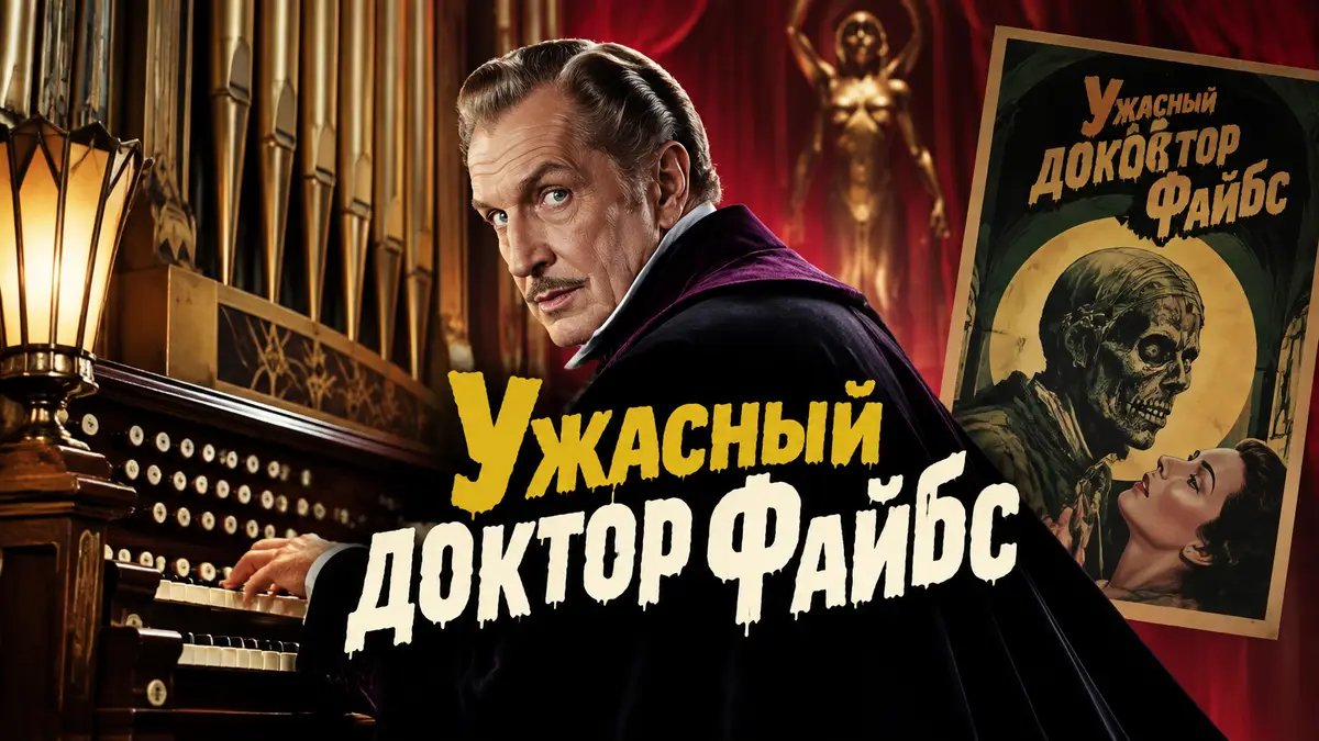 Доктор Файбс в исполнении Винсента Прайса за органом в зале ар-деко, постер хоррора «Ужасный доктор Файбс»