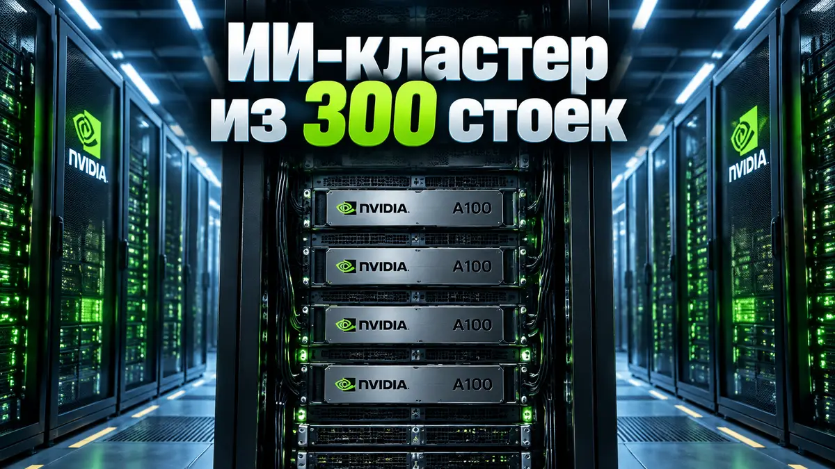 Серверные стойки ИИ-кластера с чипами Nvidia A100 в современном дата-центре