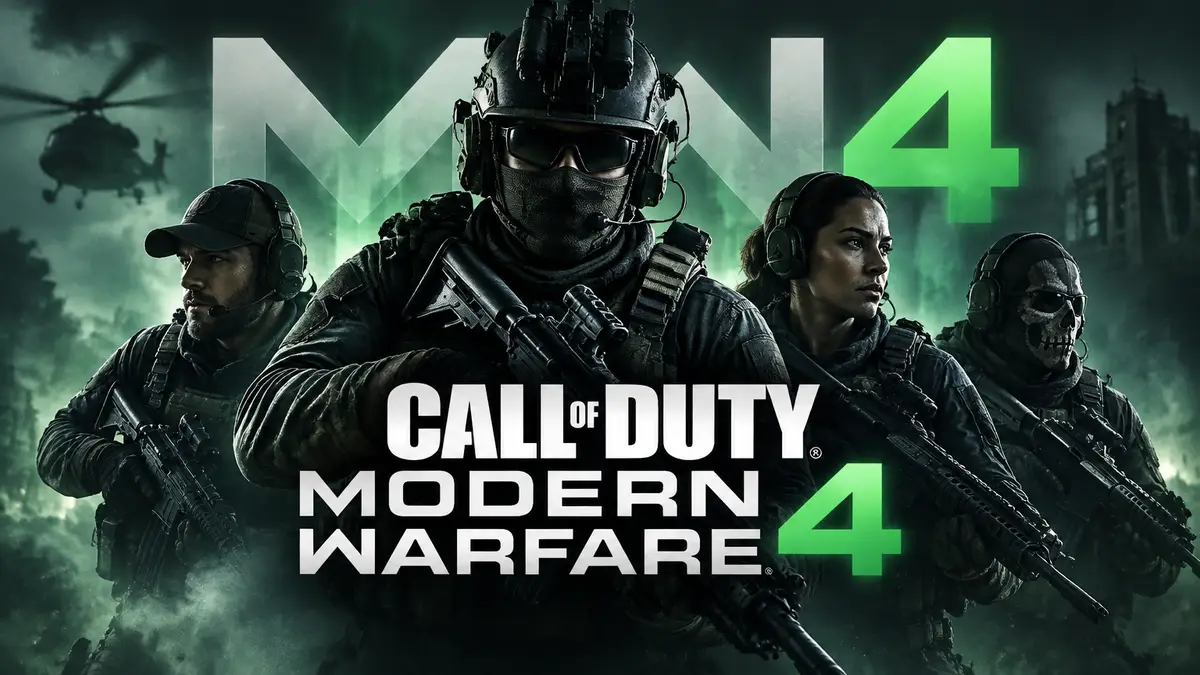 Отряд оперативников Call of Duty: Modern Warfare 4 в тактическом снаряжении на фоне логотипа игры