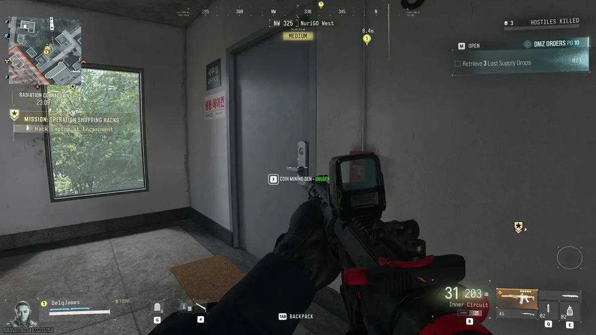 The player looking at the coin mining den door in DMZ.