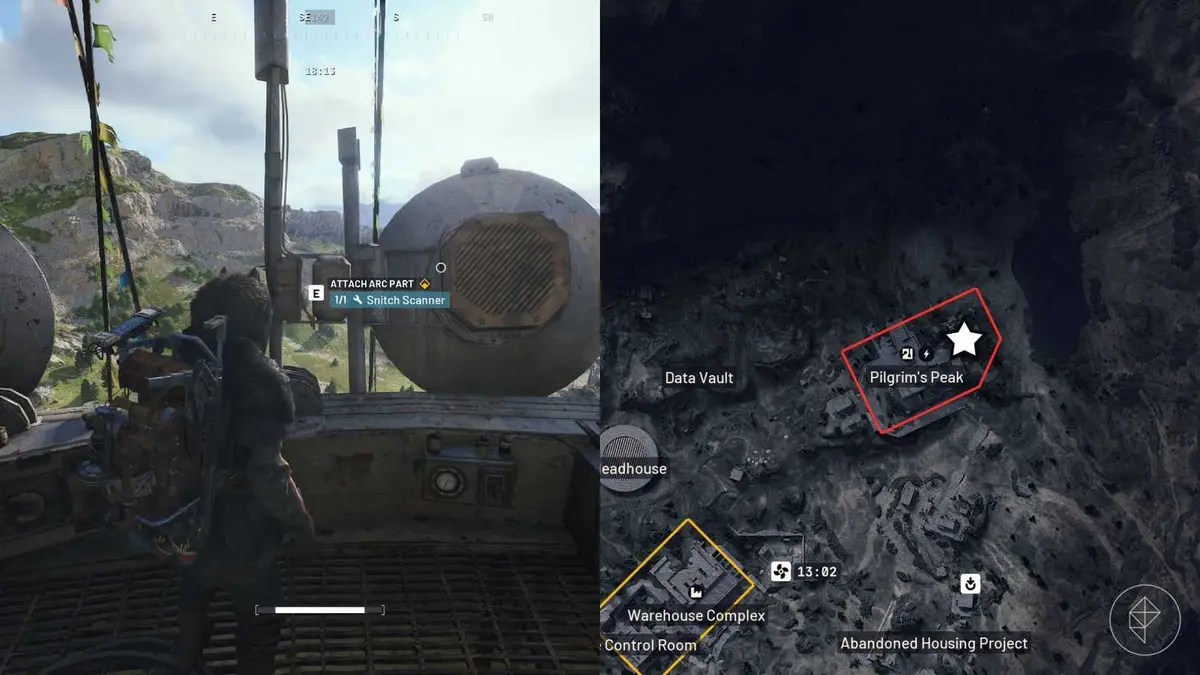 The left-hand side of the image shows the player standing in front of the objective for the "Wires Crossed" quest in Arc Raiders while the right-hand side shows the location marked on the in-game map