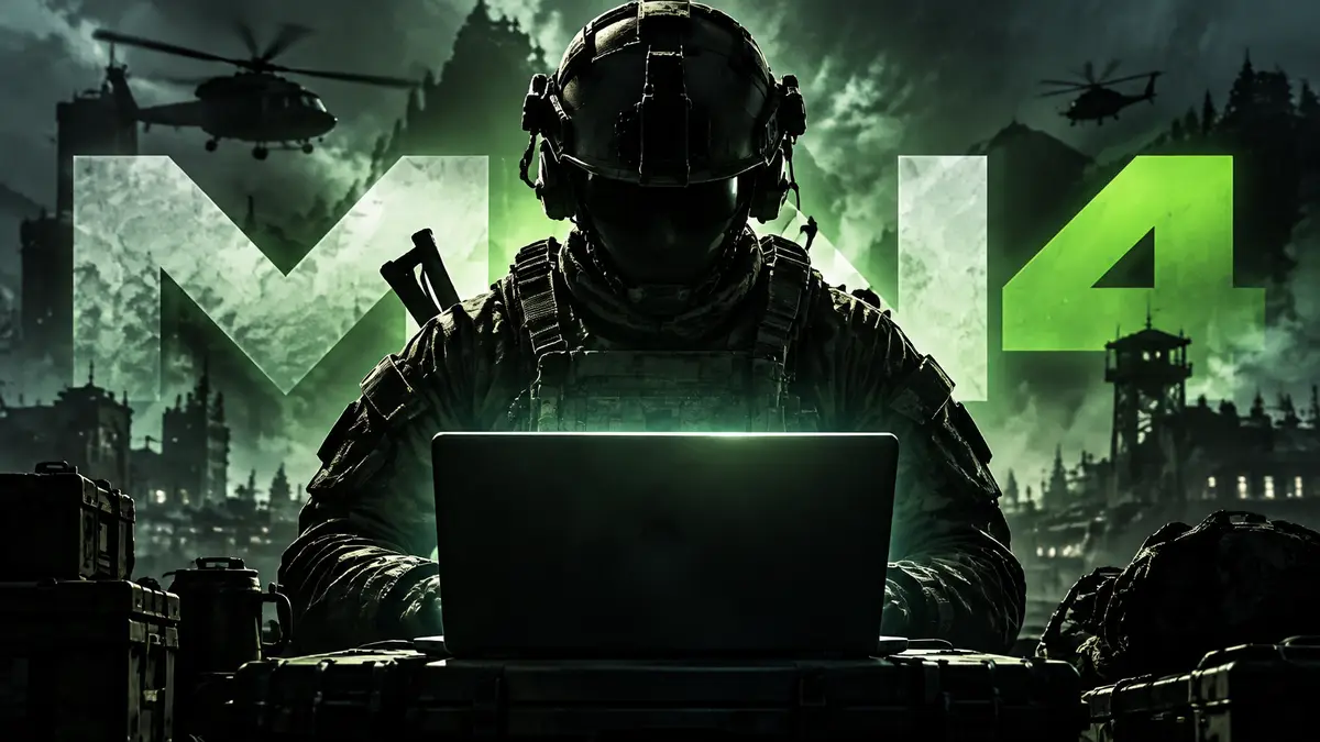 Солдат в тактическом снаряжении на фоне логотипа Call of Duty: Modern Warfare 4 и мерцающего экрана ноутбука