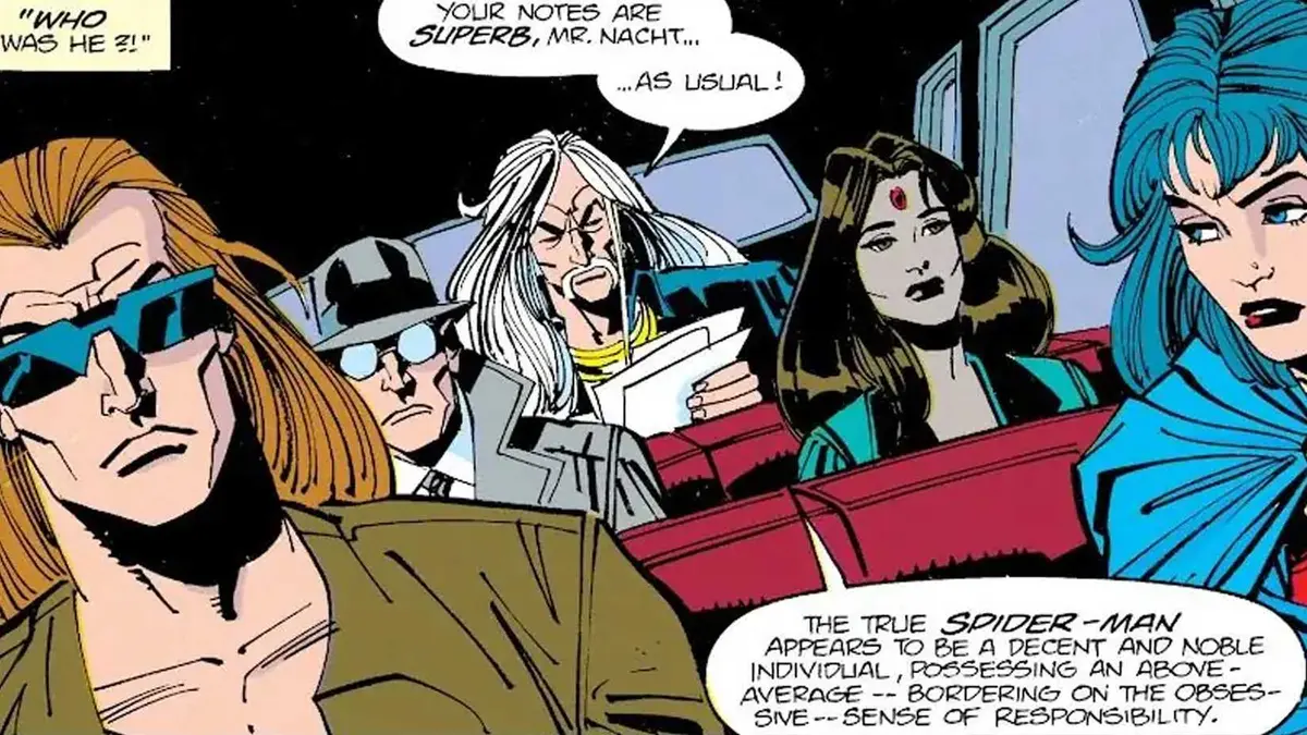 Judas Traveler and The Host ride together in a car and go over notes during Spider-Man's Clone Saga