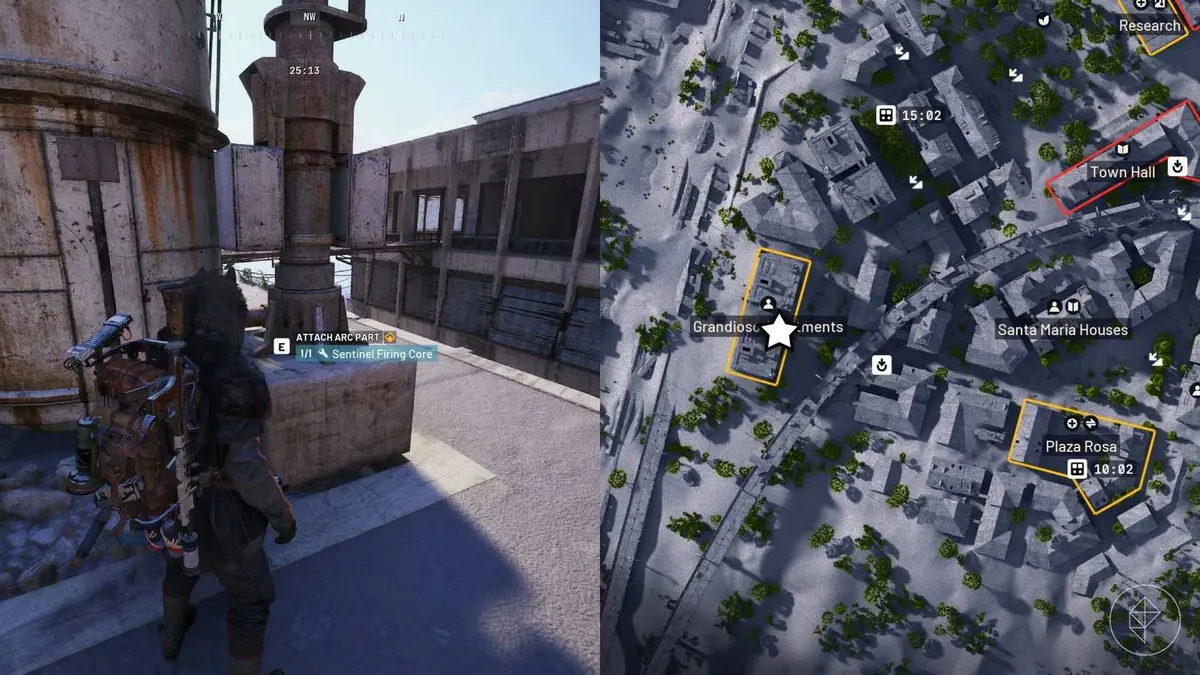 The left-hand side of the image shows the player standing in front of the objective for the "Wires Crossed" quest in Arc Raiders while the right-hand side shows the location marked on the in-game map