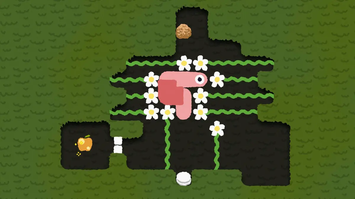 A 2D cartoon image of a worm stuck in amongst a bunch of pushy daisies, from Woim.