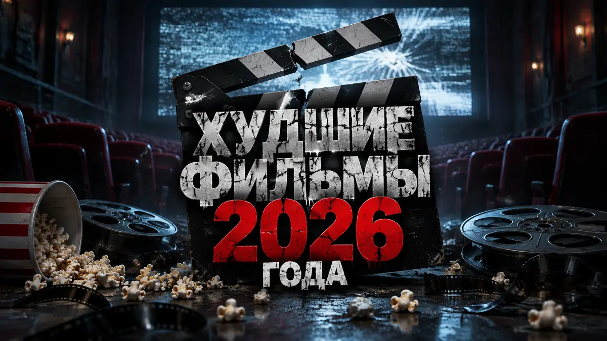 Постер худших фильмов 2026 года: пустой тёмный кинозал, треснувшая хлопушка и мерцающий экран
