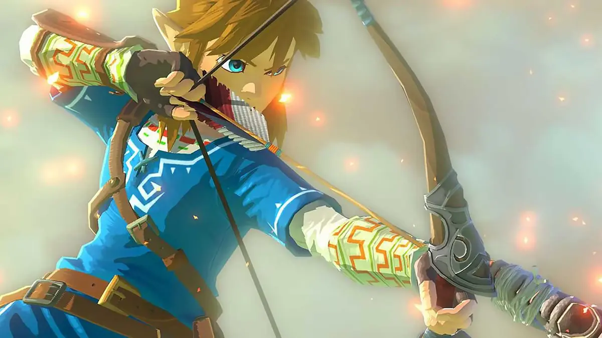 Link aiming his bow while jumping in The Legend of Zelda: Tears of the Kingdom