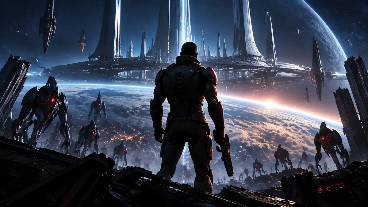 Агент N7 в броне на фоне Цитадели над Землёй и гетов, ключевой арт Mass Effect 5 в стиле серии