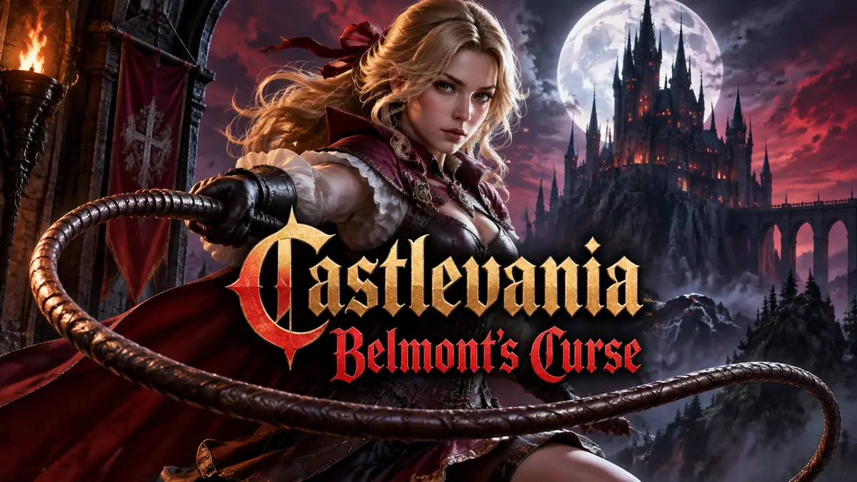 Роуз Белмонт с хлыстом на фоне готического замка Дракулы, логотип Castlevania: Belmont's Curse