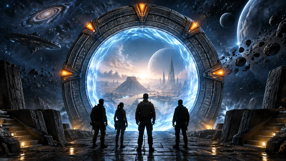 Постер научно-фантастического сериала Звездные врата с порталом Stargate в космосе