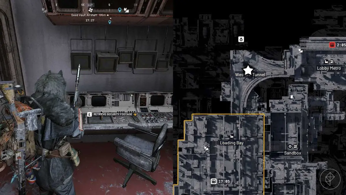 The left-hand side of the image shows the player in Arc Raiders standing next to the objective required for the "Someone Else's Shoes" quest while the right-hand side shows the location marked on the