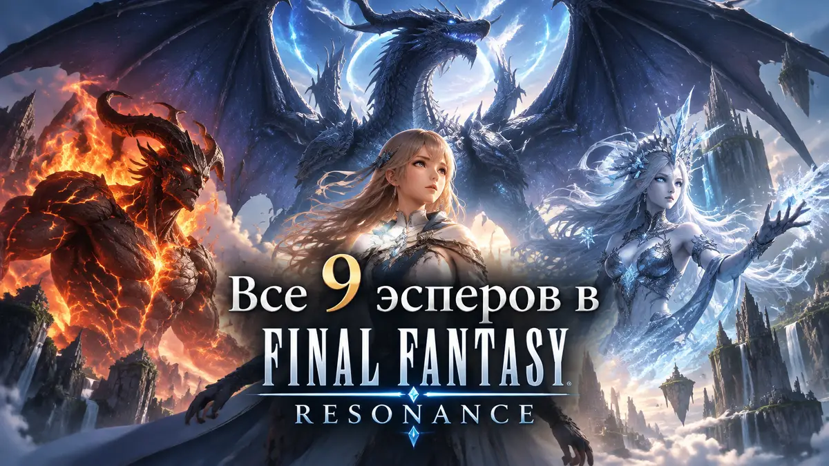 Огромный Bahamut расправляет крылья над Fina и эсперами Ifrit и Shiva, key art Final Fantasy Resonance
