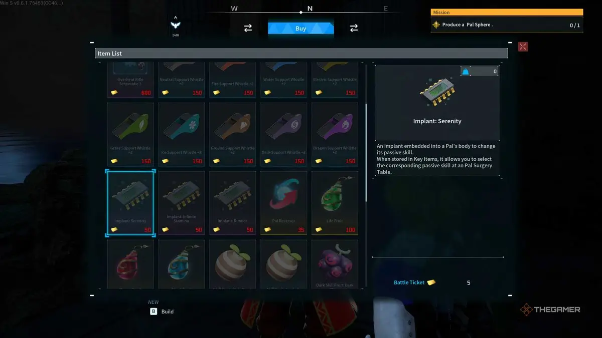 Implant Serenity at the Arena Merchant in Palworld.