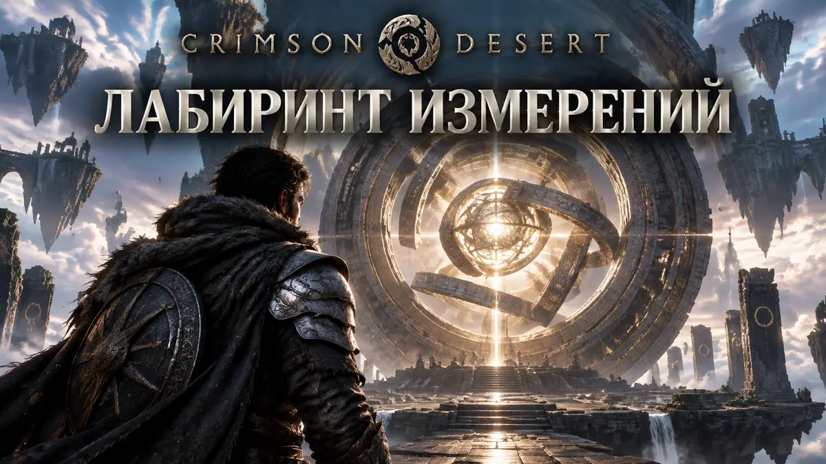 Герой Crimson Desert у гигантского светящегося круглого механизма на парящем острове — Лабиринт измерений