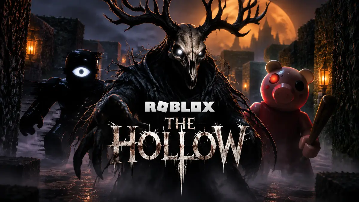 Олень The Deer, Seek и Piggy в тёмном туманном лабиринте на хэллоуинском постере ивента Roblox The Hollow
