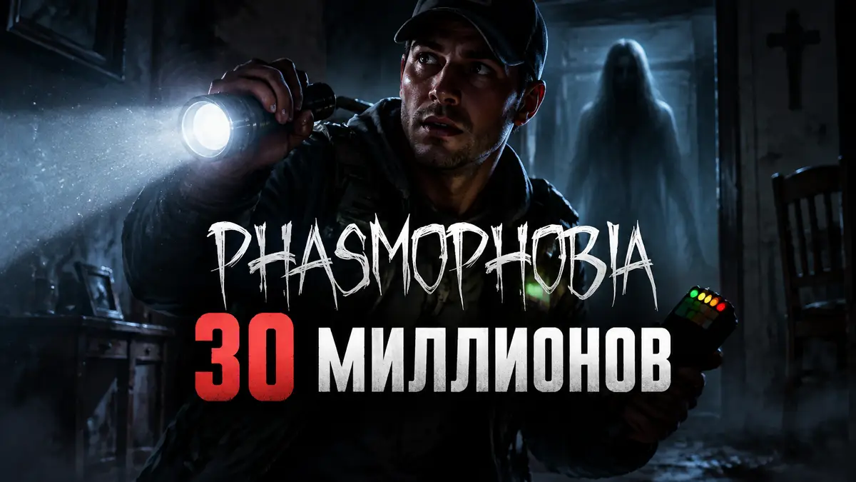 Охотник за привидениями с фонарем и логотип игры Phasmophobia