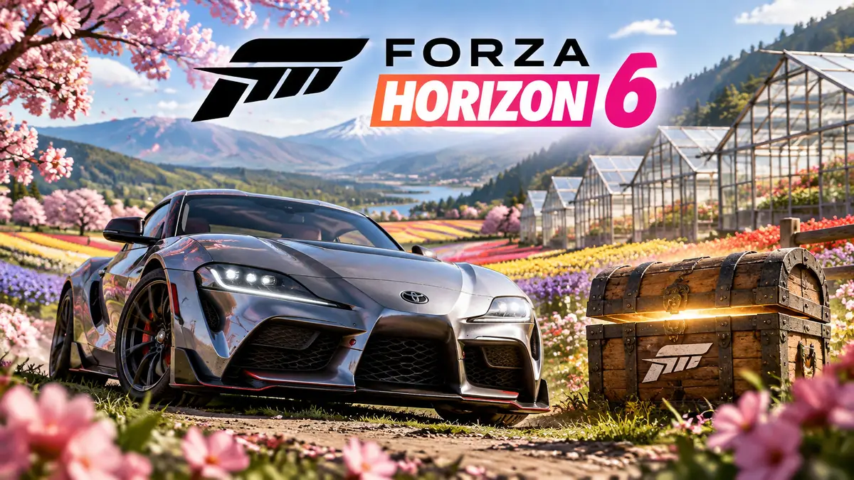 Спорткар Forza Horizon 6 у теплиц среди цветных полей Hokubo, рядом сундук сокровищ, весна