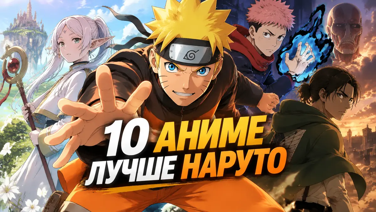 Наруто Узумаки в оранжевом костюме на фоне героев аниме Фрирен, Магическая битва и Атака титанов