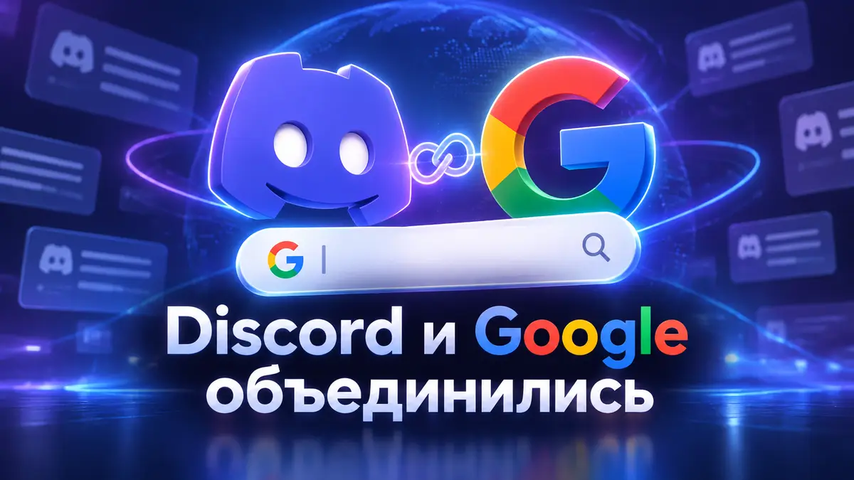 Логотип Discord и значок поисковой строки Google на цифровом сине-фиолетовом фоне