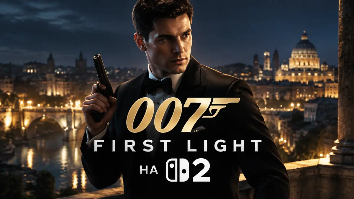 Молодой Джеймс Бонд в смокинге на фоне ночного города, логотип 007 First Light для Switch 2