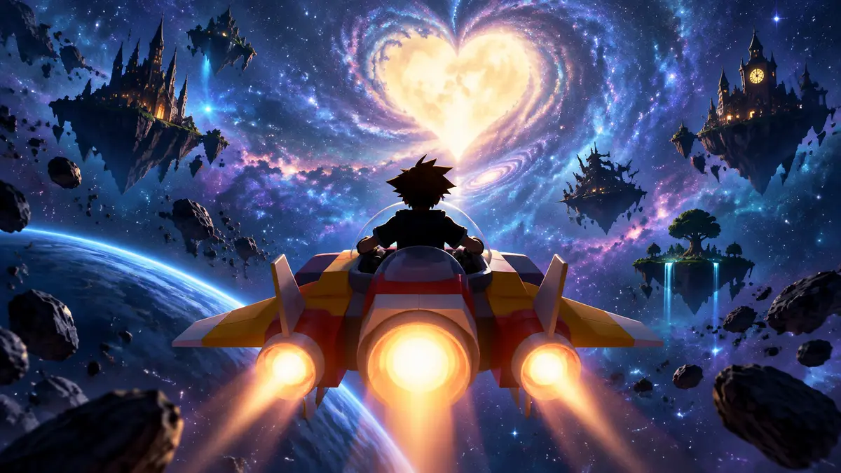 Сора на космическом корабле Gummi Ship на фоне звездного неба в Kingdom Hearts
