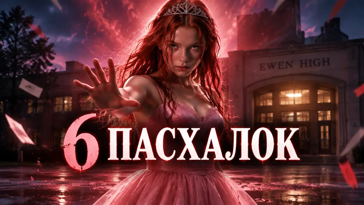 Кэрри Уайт в розовом выпускном платье на фоне мистического света и школы Ewen High