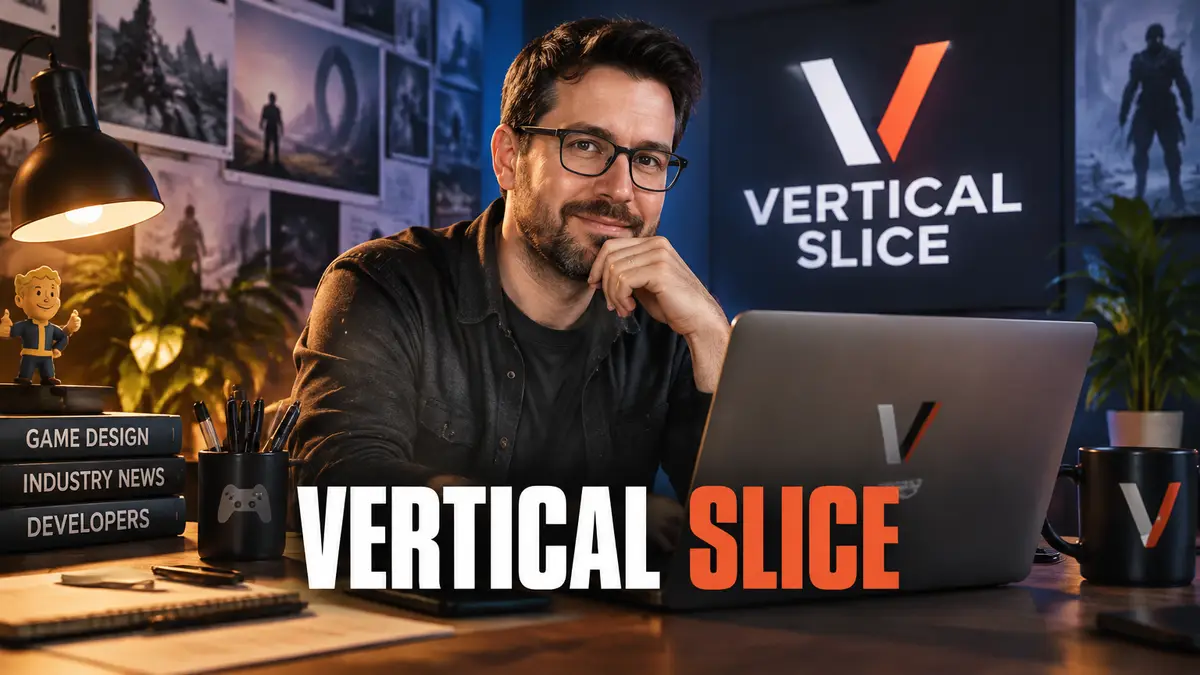 Журналист Крис Керр за ноутбуком в редакции, рядом логотип Vertical Slice, новости игровой индустрии