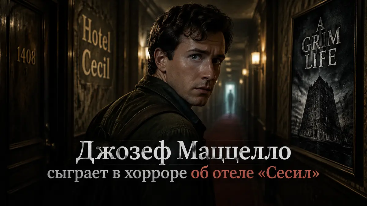 Джозеф Маццелло в мрачном коридоре отеля «Сесил», постер хоррора A Grim Life в тусклом свете
