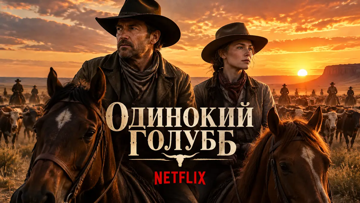 Ковбои на перегоне скота в прериях Техаса на закате, постер сериала Netflix «Одинокий голубь»