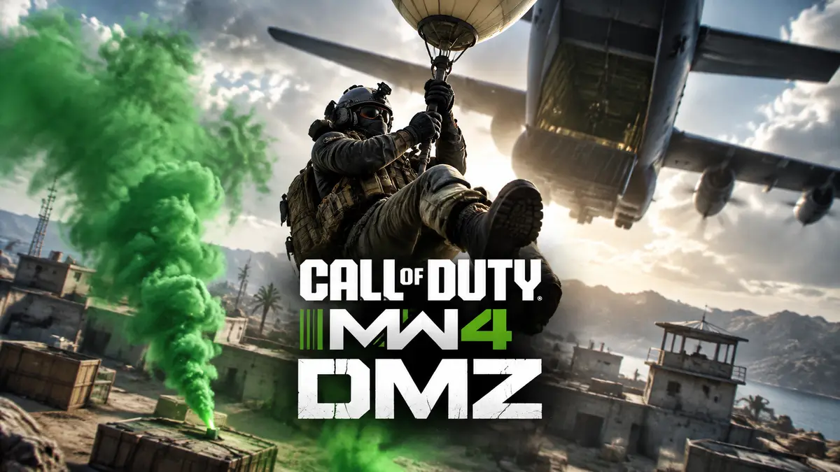 Оперативник DMZ Call of Duty Modern Warfare 4 цепляется за трос fulton на фоне самолёта и зелёной дымовой шашки