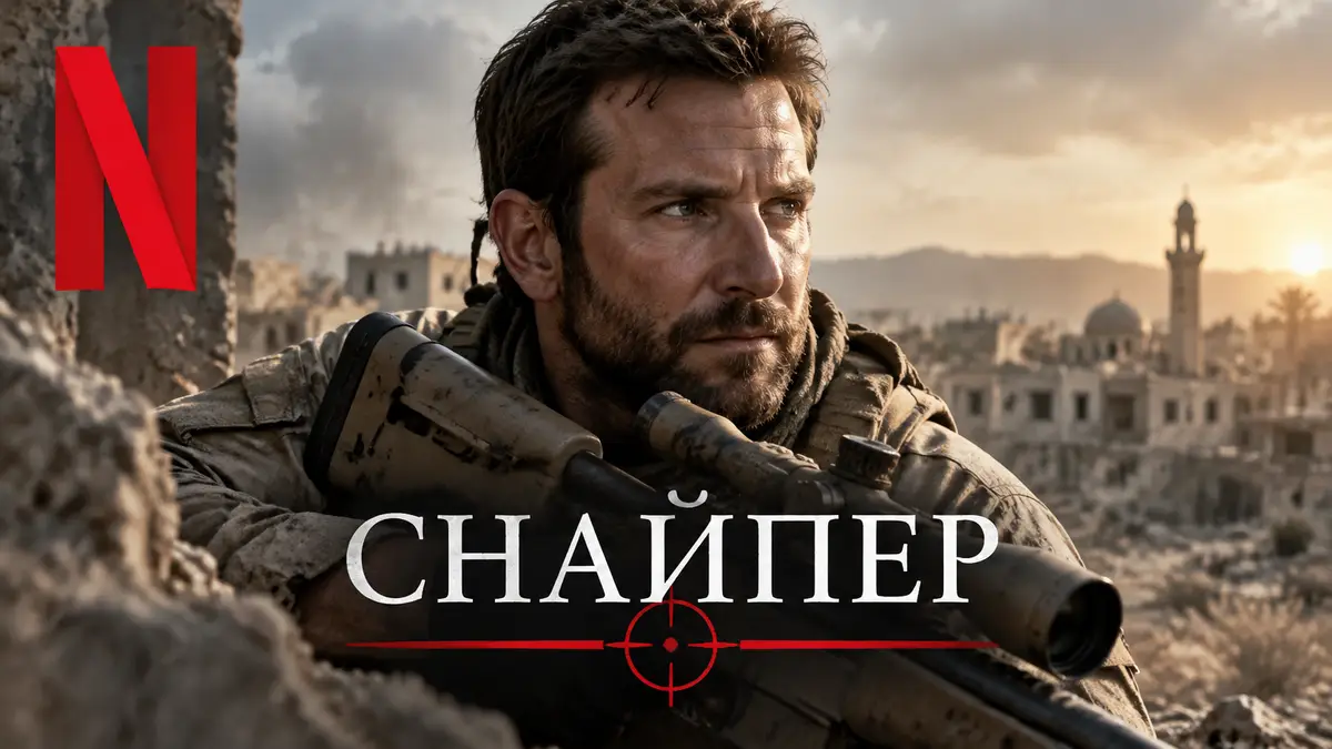 Брэдли Купер в роли Криса Кайла на фоне пустынного города, постер фильма «Снайпер» в стиле Netflix