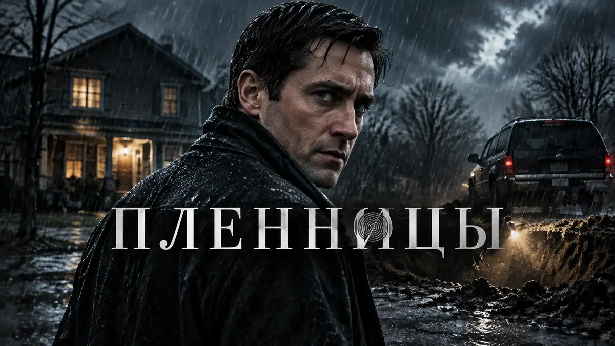 Постер «Пленницы»: детектив Локи у тёмного дома под дождём, рядом машина над скрытой ямой, хмурое небо
