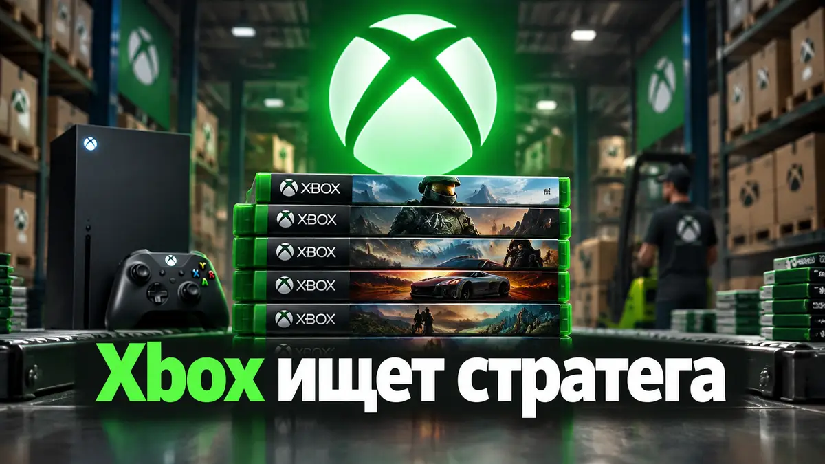 Зелёный логотип Xbox над стопкой коробок с играми на физических дисках, консоль Xbox на фоне склада