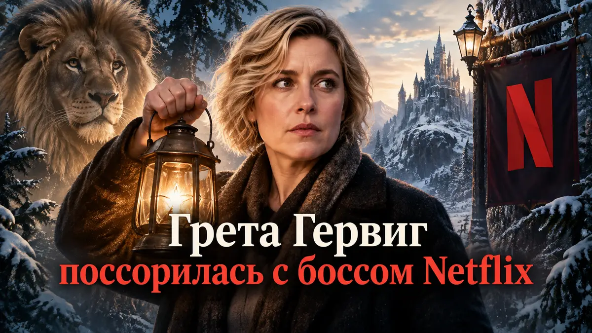 Грета Гервиг на фоне сказочного леса Нарнии с фонарём и логотипом Netflix, постер к фильму «Нарния»