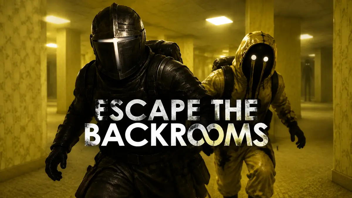 Странники в костюмах Black Knight и Entity 67 в жёлтых коридорах Backrooms, логотип Escape the Backrooms