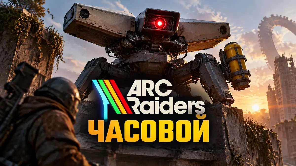 Часовой из ARC Raiders: массивная турель ARC с жёлтой капсулой на руке на крыше руин, логотип игры