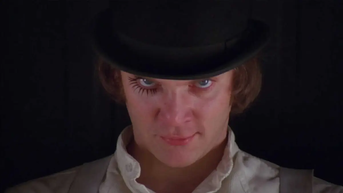 Malcolm McDowell As Alex DeLarge staring into the camera in th opening of A Clockwork Orange