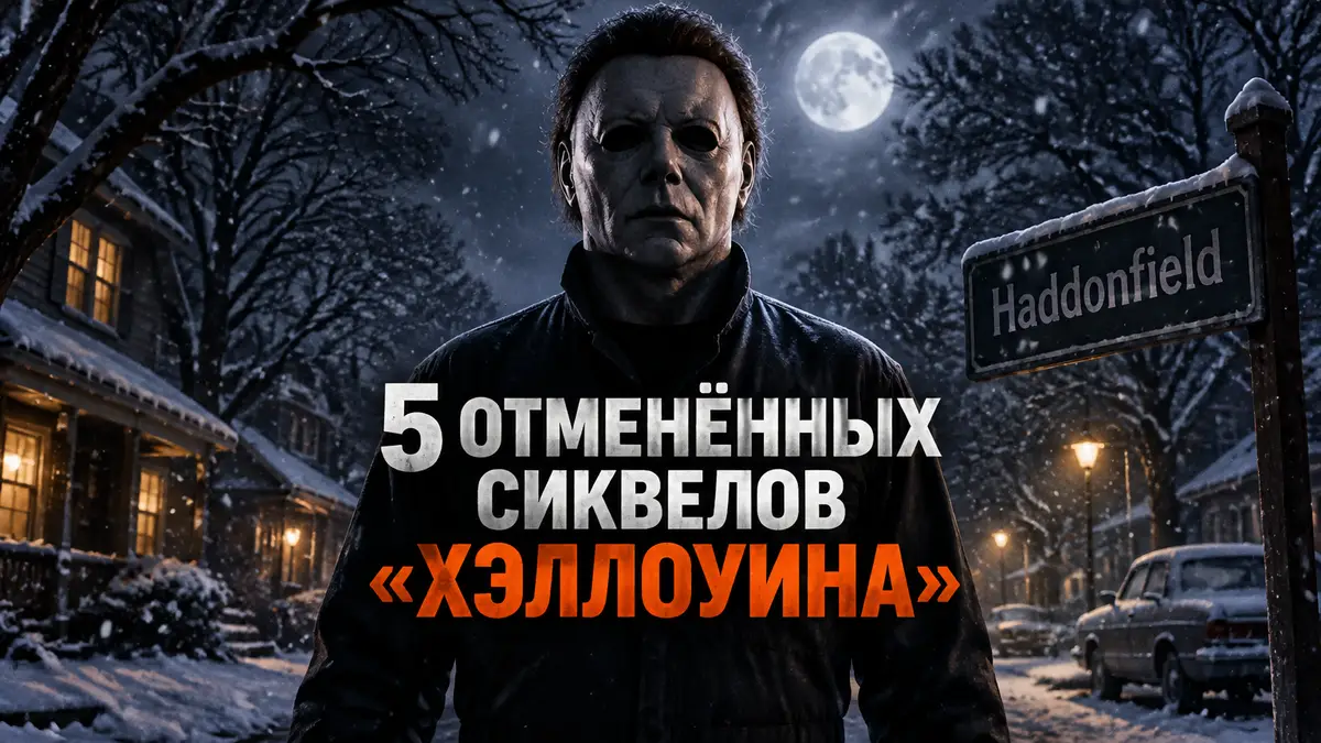 Майкл Майерс в белой маске стоит на заснеженной улице Хэддонфилда, постер в стиле франшизы «Хэллоуин»