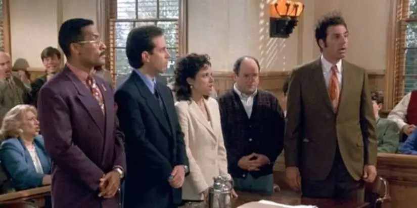 Jackie Chiles, Jerry, Elaine, George and Kramer in the Seinfeld series finale