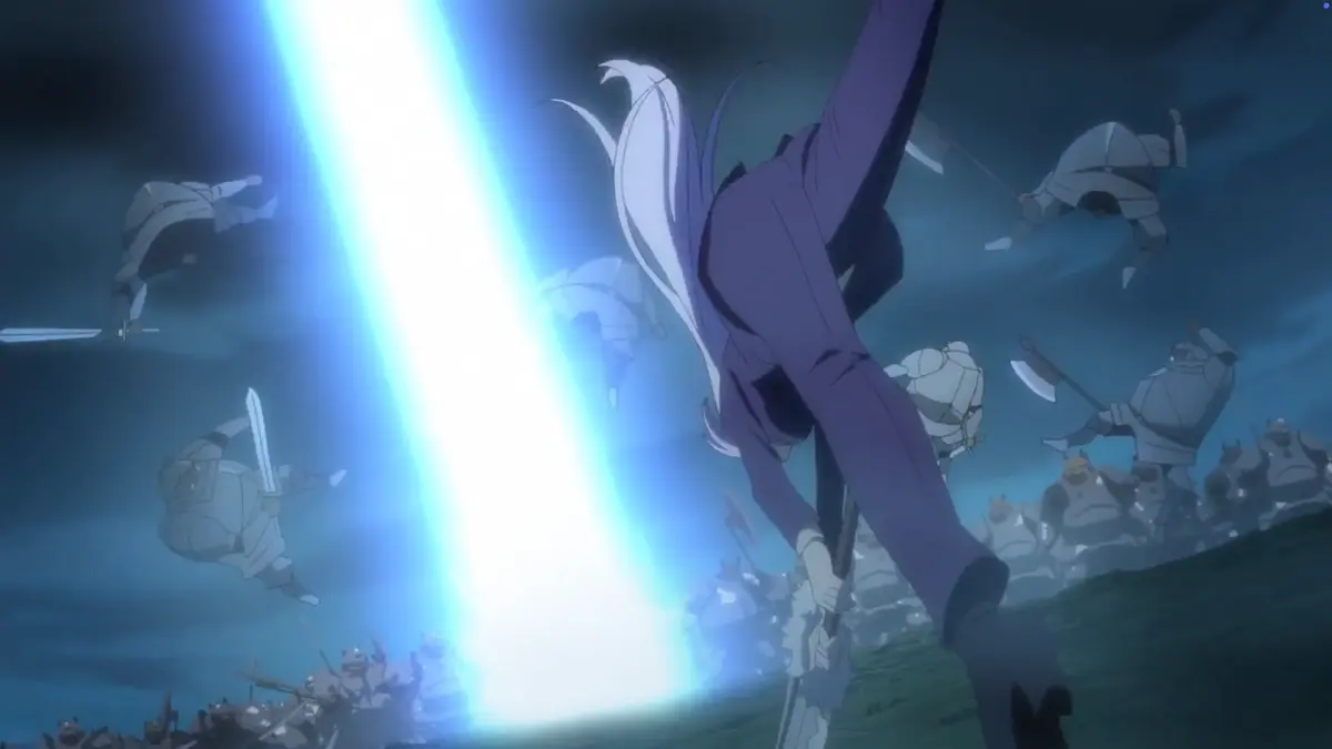 Shion from That Time I Got Reincarnated as a Slime strikes the ground with her greatsword and creates a shock wave that blows away several Orc soldiers