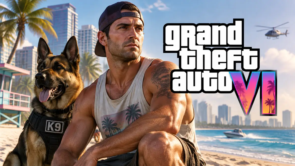 Джейсон из GTA 6 на солнечном пляже Vice City, за ним полицейская собака K9 и логотип Grand Theft Auto