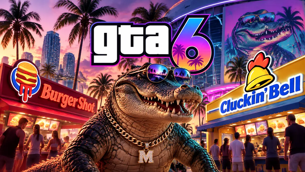 Яркий постер GTA 6: аллигатор Macca у неоновых вывесок Burger Shot и Cluckin' Bell на фоне Майами