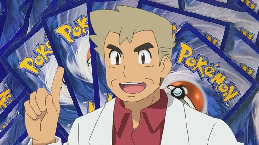 Professor Oak standing in front of a background of fanned-out Pokémon TCG cards with his hand raised.
