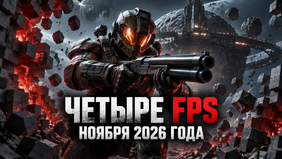 Постер FPS ноября 2026: боец с дробовиком среди рушащихся воксельных стен на фоне мрачной станции на астероиде