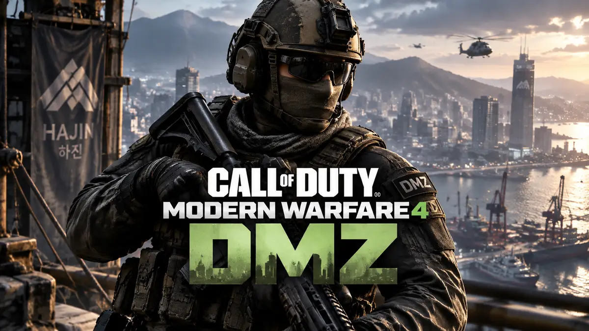 Оперативник Call of Duty: Modern Warfare 4 DMZ в тактическом снаряжении на фоне корейского города Hajin