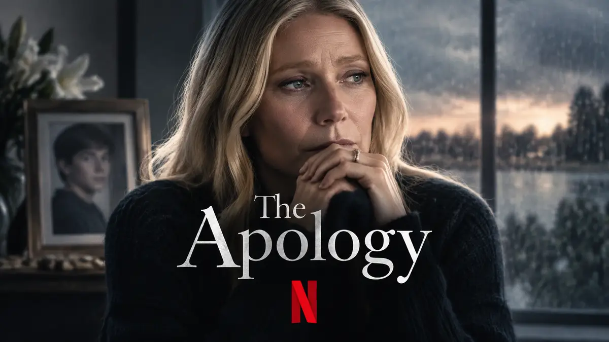 Гвинет Пэлтроу в роли скорбящей матери на постере сериала The Apology с логотипом Netflix